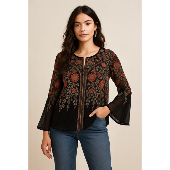 Boho Floral Embroidered Bell Sleeve Black Blouse INC International Concepts 1X - Picture 1 of 5